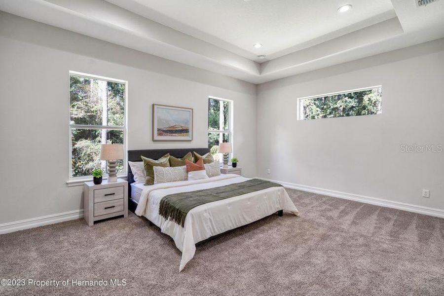 Staged primary bedroom with tray ceiling