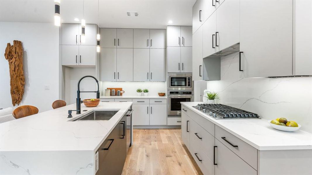 Kitchen featuring light hardwood / wood-style flooring, stainless steel appliances, a kitchen island with sink, sink, and tasteful backsplash