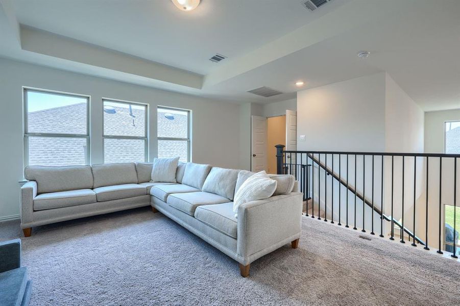 Carpeted game room featuring plenty of natural light and a tray ceiling