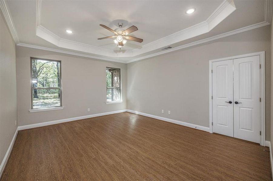 Unfurnished room with a raised ceiling, ornamental molding, dark wood-type flooring, and a wealth of natural light