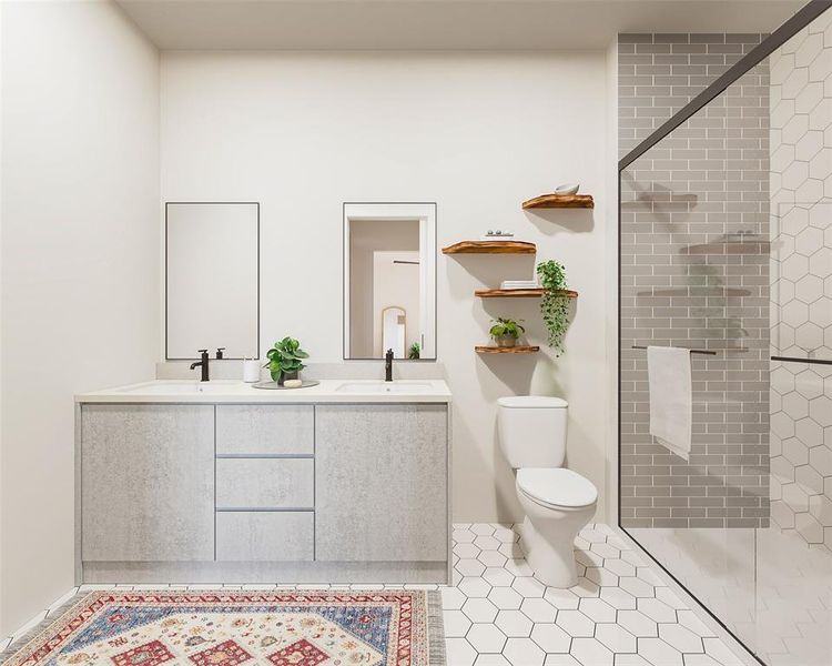 The luxurious spa bathroom impresses with a handsome vanity, large shower and contemporary fixtures. The light design scheme pairs pale countertops with crisp white floor-to-ceiling tile.