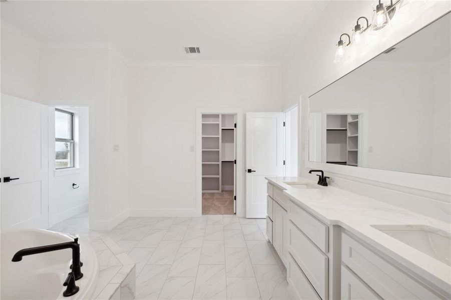 Bathroom with crown molding and vanity