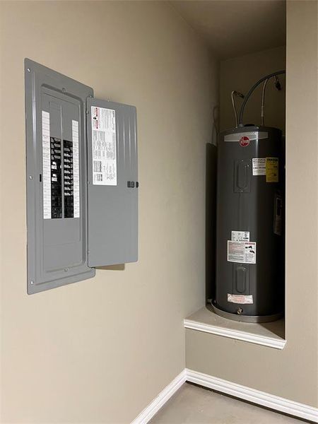 Utility room featuring water heater and electric panel