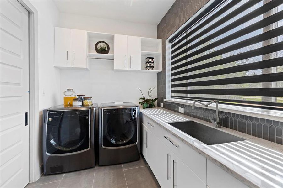 Pocket door entry this fantastic laundry/utility room with generous storage, counter space and plenty of natural light.