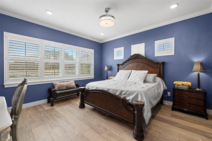 Primary Private Retreat Offers Stunning Views of the Pond, LVP Flooring, Plantation Shutters, Transom Windows, Recessed Lighting, Massive Walk-in Closet with Shelving and a Spa Like En-Suite Bath!