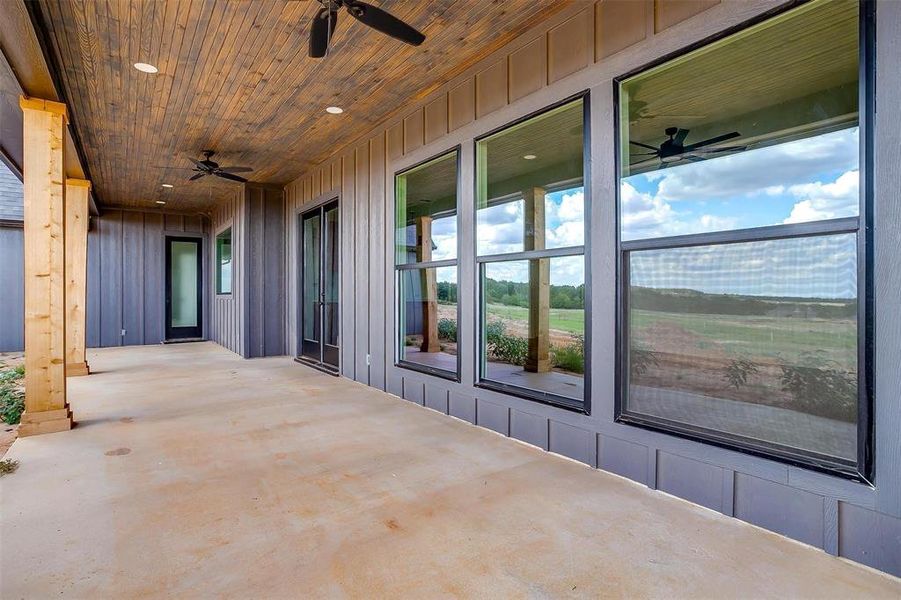 View of patio with ceiling fan