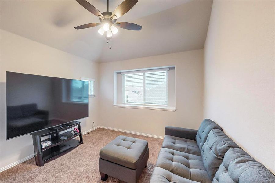 Carpeted living room with vaulted ceiling and ceiling fan